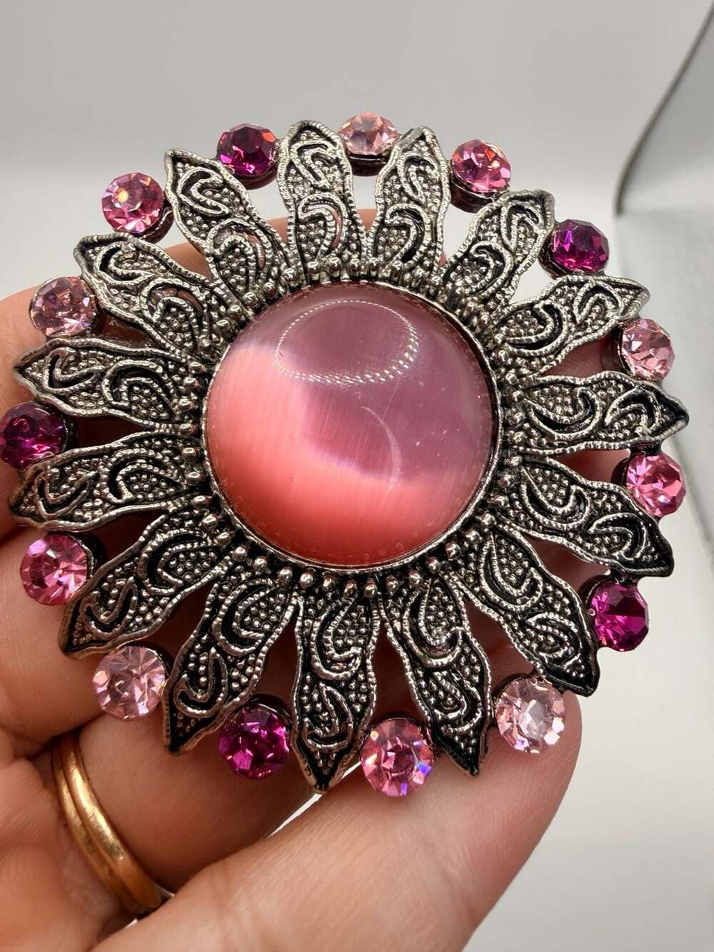 Vintage Silver Tone Pink Cabochon Rhinestone Brooch Pin